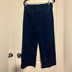 Maeve Midnight blue sequin wide leg crop denim